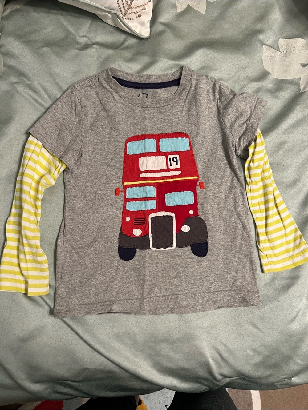 Mini Boden boy 3-4Y Long Sleeve Tee fire truck/ Bus Yellow-Striped Sleeves